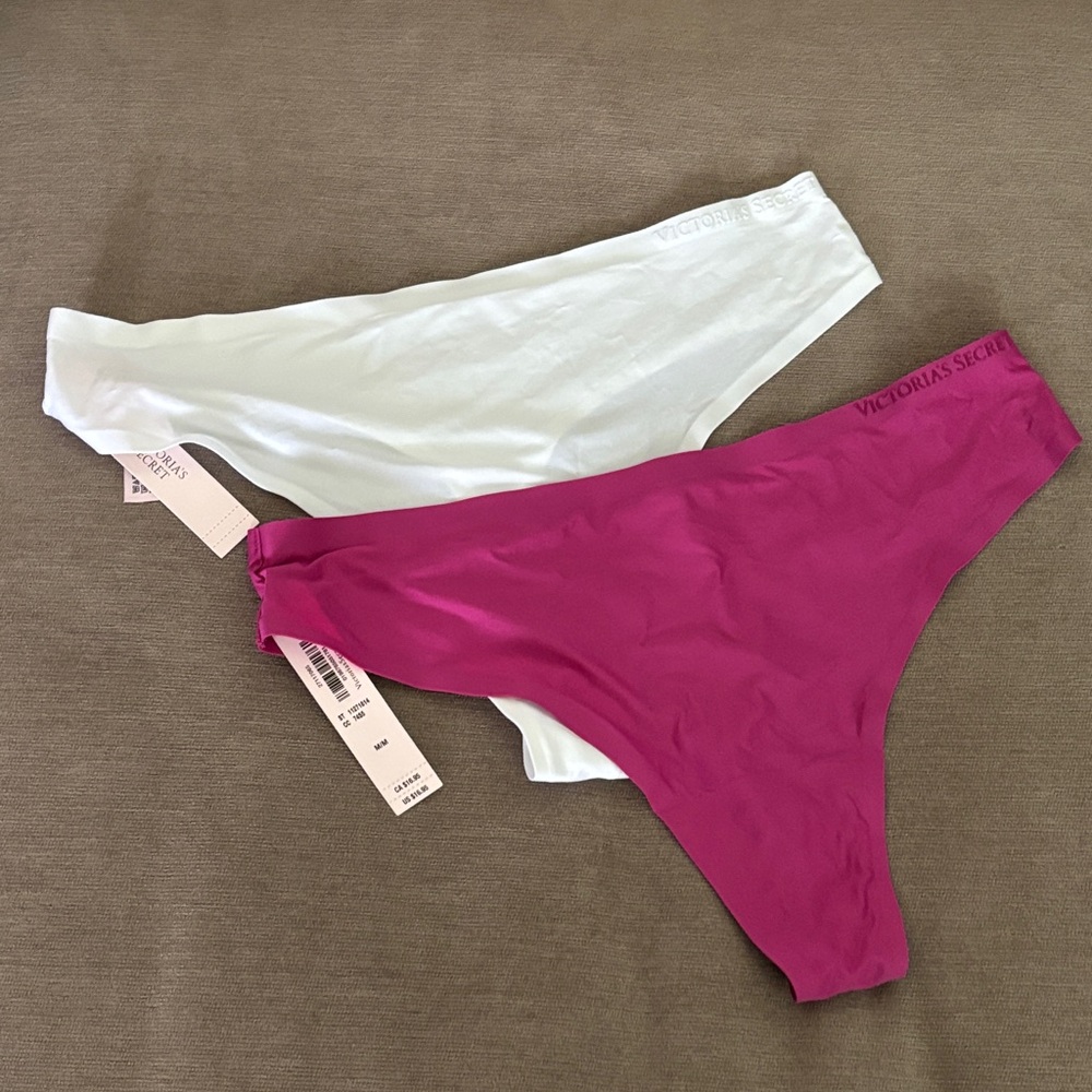 Victoria's Secret Seamless No Show Thong Panty Set - White & Magenta